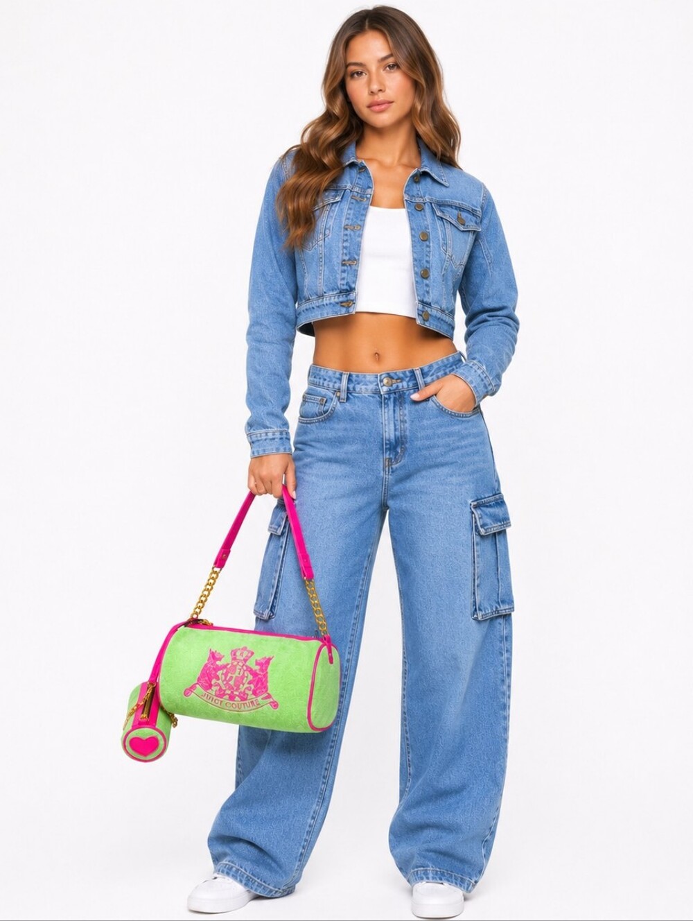JUICY COUTURE Green Pink Logo Barrel BAG w Mini Purse Charm Y2K Velour Retro - Picture 6 of 6